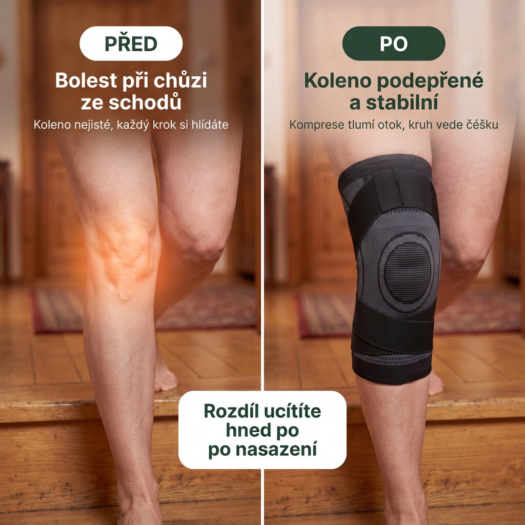 Koleno před a po nasazení kompresní bandáže
